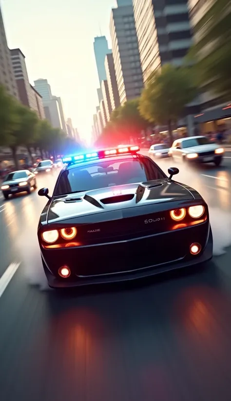 "A police car speeds directly toward the camera, its flashing red and blue lights cutting through the daylight with urgency. The sleek vehicle overtakes other cars on the busy city road, leaving them blurred in the background to emphasize its velocity. The...