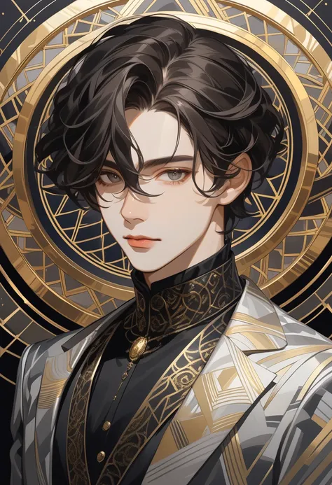 A stylish anime portrait of a young man with short, dark hair, striking light-gray eyes, and a sophisticated, dark-colored outfit featuring intricate, metallic, and geometric patterns, rendered in a high-detail, painterly style with a dramatic circular hal...