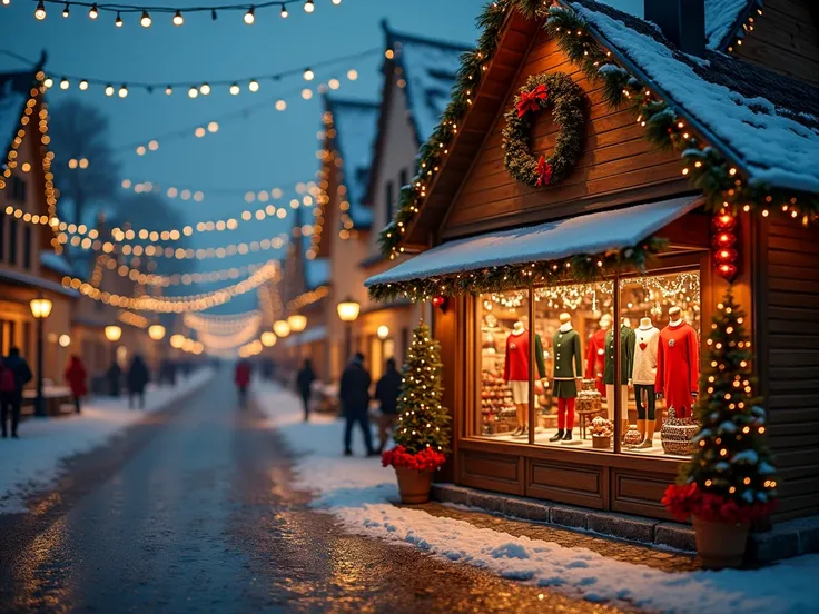 A magical 4K photograph of a Christmas sweater store surrounded by elves and a nutcracker,  in a magical and festive parade atmosphere . On the left ,  a port shimmers under the festive lights ,  a road crosses the scene in the center , tandis que des bout...