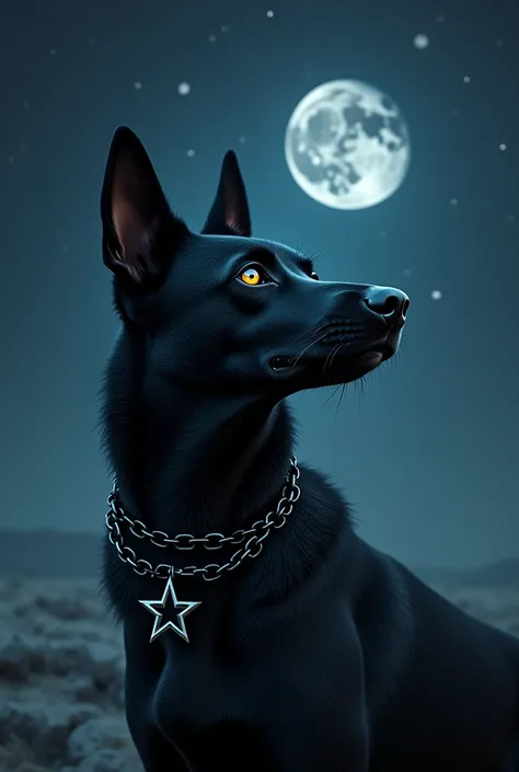 A black dog with an evil face ,  wearing a black chain with a star observes the planet Venus in the starry sky.