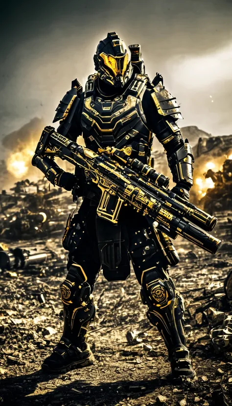 A warrior, fully armored in black and gold tones with glowing accents, is holding a large weapon. The weapon is a rugged, spiked weapon resembling an explosive launcher with multiple barrels, attached firmly to the soldiers arm. The background is a chaotic...