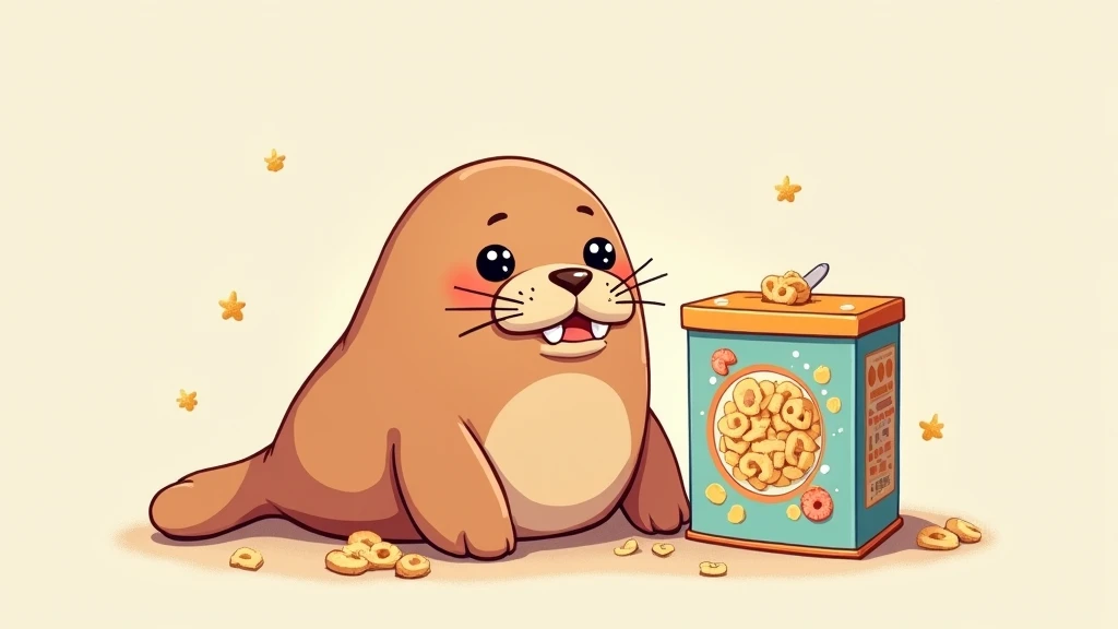 Cereal in a container 、 cute illustration of a walrus next to it