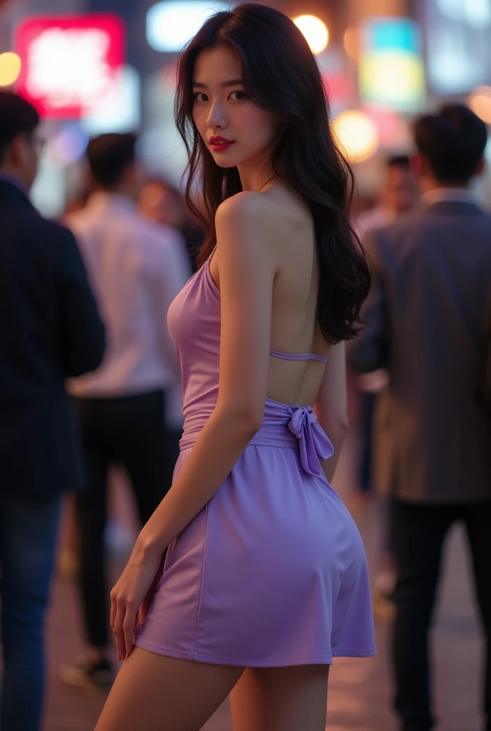 (8k, UltraHD) Korean girlfriend , 20 years,  fair skin and dark brown hair, wearing lilac mini dress tied , sandal ,, no shopping,  sensualizing , sexy,  with the sparrow of the ass showing in front of many people 