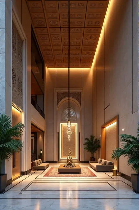 A modern hotel lobby that provides the visual connection of a Muslim small prayer space which is build outside of the hotel
