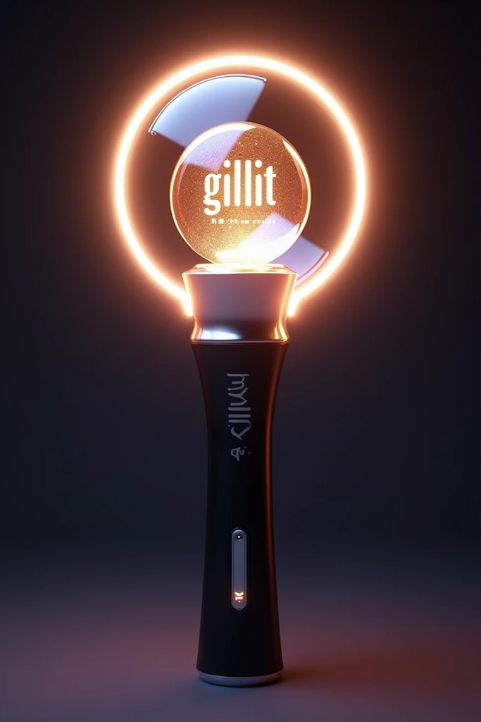 At the top, the lightstick has a transparent orb encapsulating a glowing three-dimensional “GILLIT” logo, symbolizing unity and strength. The orb is surrounded by a halo-like ring that emits an ethereal glow, representing the groups journey and their conne...