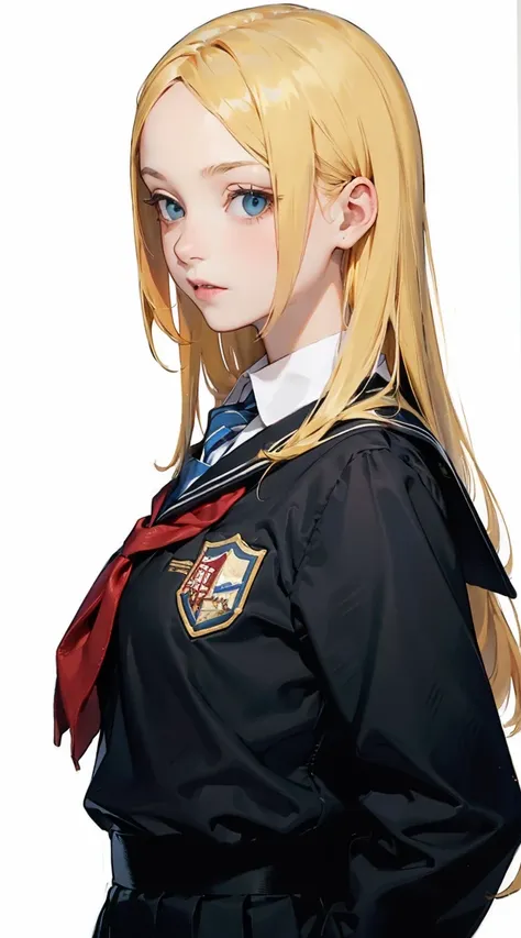 school uniform,dark roots yellow hair,shaped,A little more mature,sharp personality,straight hair