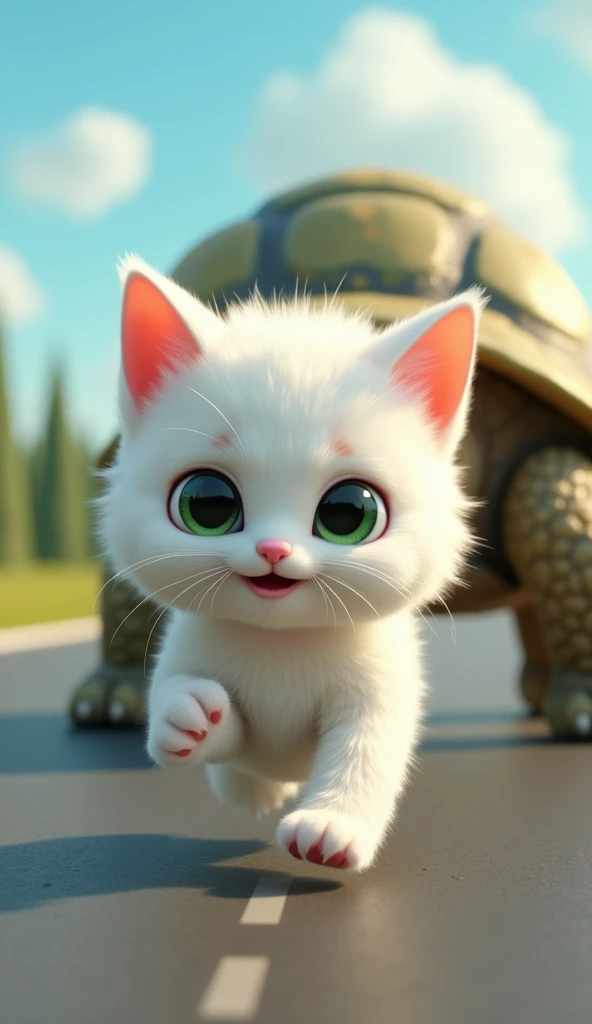 " High quality 3D rendering of anthropomorphic white fluffy male kitten with expressive green eyes, wearing diapers. running.  behind him appears to be chasing a giant tortoise. the background is on a motorway .  Lighting like sunny and cool weather .  Car...