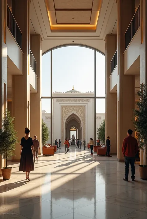 A modern hotel lobby that provides the visual connection of a Muslim small prayer space which is located outside of the hotel
