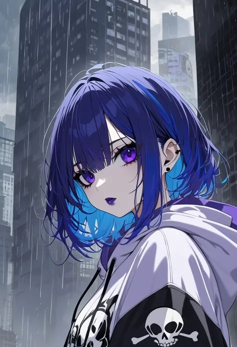 emo girl with layered blue hair and dark purple lipstick, wearing an oversized hoodie with a skull graphic, large breasts, waist-up, set against the backdrop of a rainy cityscape