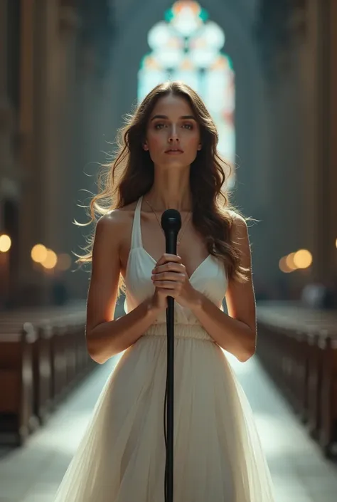 A beautiful women, in the church, wearing a formal white dress, holding a microphone, blurry background 