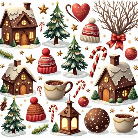 Design a cozy winter scene featuring a whimsical chocolate house with snow-covered roofs and warm glowing windows. Surround it with cheerful decorations: two evergreen trees adorned with ornaments, a lantern casting soft light, candy canes, and mugs of hot...