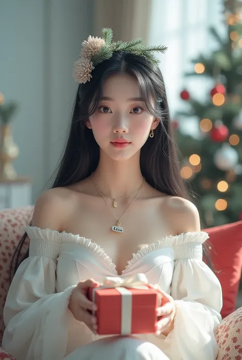 photorealism: 1.2), beautiful woman, Korean girl woman, sitting in the living room, snowy atmosphere snow, beautiful thick eyebrows, small sharp nose, sweet pink lips, wearing a Christmas dress simpel white with a snow design,wearing a Christmas decoration...