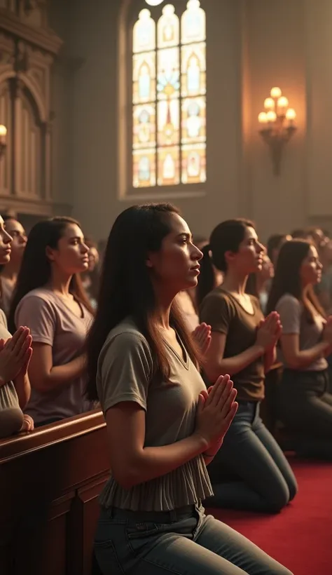 realistic image, 4k, people on their knees praying in church