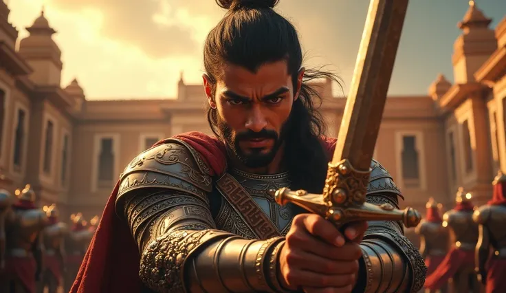 close-up of Harshavardhan in the palace courtyard, gripping his sword with determination. His face reflects anger and resolve as he vows to avenge his brother’s death and rescue his sister. Behind him, loyal soldiers prepare for war.