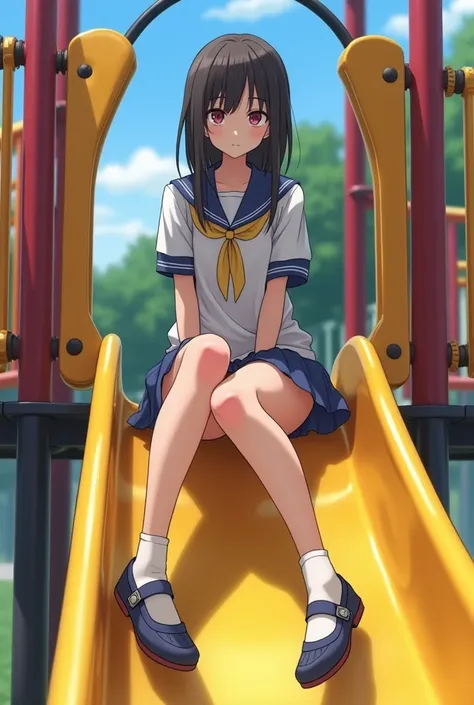 Female student sitting on a playground sex slide