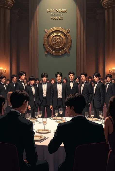 a dining hall full of dark teens formal with a logo  labelled  founder international vault on the wall