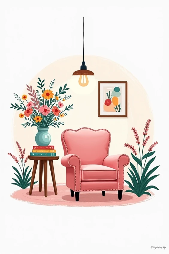 Create a whimsical illustration featuring a cozy interior scene. Incorporate a plush pink chair with a scalloped design, a wooden side table topped with a vase of wildflowers, and a couple of colorful books. Include a modern pendant light overhead and a fr...