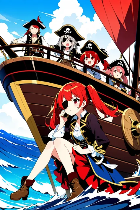 one ultra short pirate girl is steering the pirate ship、a rabbit is looking anxiously at the girl、a girl is ultra short、red hair in twin tails 、wearing a pirate captains hat、black eye patch on one eye、Red eyes、wearing an old pirate captains costume、 Brown ...