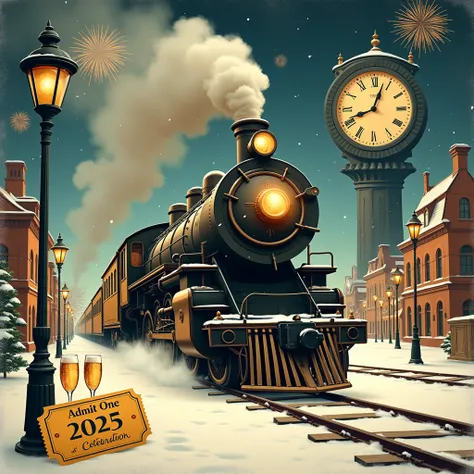 a realistic,old photo,bright colorart featuring illustration of a sleek steam train through a city in morning snowy landscape,a golden Believe ticket,a champagne bottle,a sparkling flutes in the foreground.Surround Add text "Admit One : 2025 New Year Celeb...