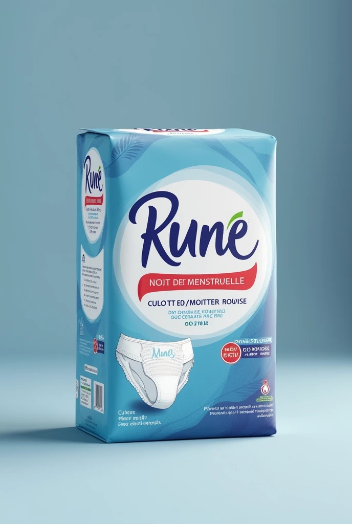 creer le packaging de culotte menstruelle pour un lancement dans des couleurs bleu blanc et rouge su rune marque qui est eco responsable on doit vraiment voir le but des culottes menstruelles sur la packaging