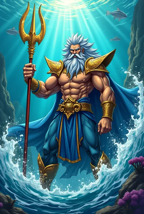 Create a picture with Poseidon and his trident in his hand in the manga yugioh style 