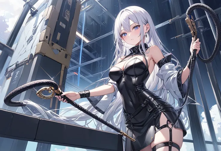  correct illustration of the structure 、 High Quality 、black leather prostitute outfit、Small size clothes、 Bodycon 、 holding one whip in one hand 、Woman holding a horizontal position 、 placing one hand on the tip of the whip、Extremely Accurate Weapon 、Insi...