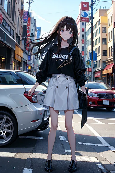 a brunette girl with mid-length hair with bangs with strands tied on the sides dressed in street clothes with a car in the background