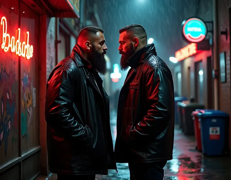 Two wet big brutal bearded bearded tattooed bodybuilders in trendy black leather oversize raincoats stand and gaze at each other tenderly in the rain on the street against a wall at the back of a nightclub in a back alley, few people, trash cans, graffiti,...