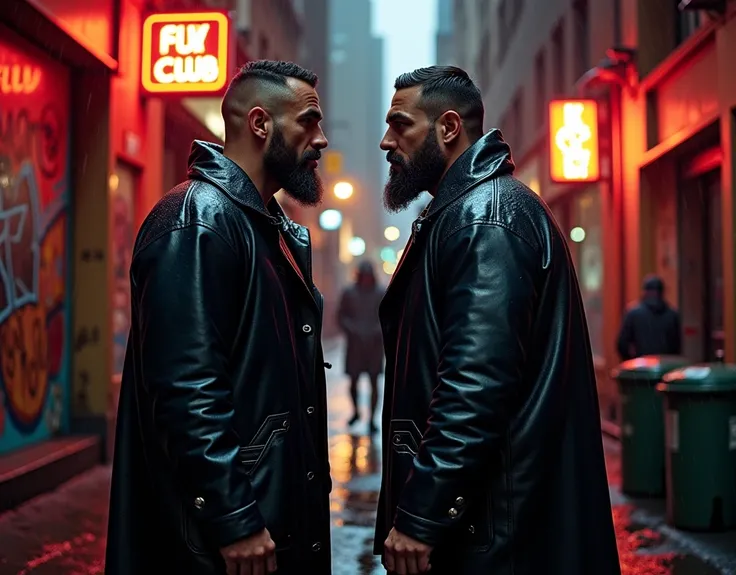 Two wet big brutal bearded bearded tattooed bodybuilders in trendy black leather oversize raincoats stand and gaze at each other tenderly in the rain on the street against a wall at the back of a nightclub in a back alley, few people, trash cans, graffiti,...