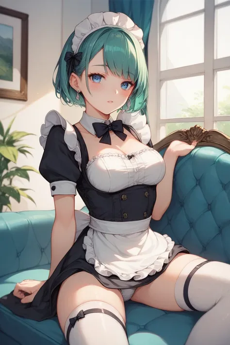 1girl, solo, looking at viewer, blush, short hair, blue eyes, bow, ribbon, jewelry, sitting, medium breasts, underwear, thighs, earrings, frills, parted lips, green hair, indoors, bowtie, black dress, white thighhighs, puffy short sleeves, maid headdress, ...