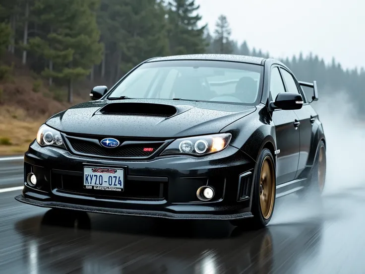 Black Subaru Impreza WRX STI, dynamic motion, rainy day.  Sleek, low-slung sports coupe, glossy black paint, wet asphalt, water spray.  Aggressive racing stance, low-profile tires,  wide track.  Gray mesh grille, license plate visible,  reflective headligh...