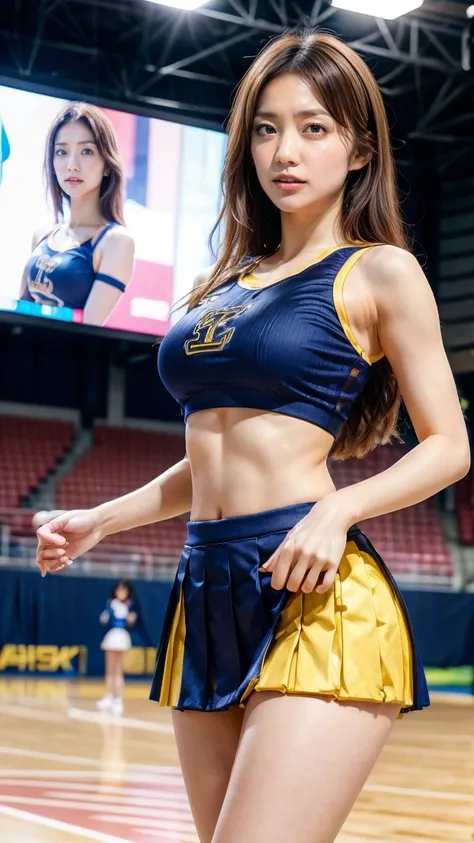 A beautiful young Japanese woman, 20 years old, with perfect anatomy, healthy thighs, beautiful feet, flawless skin, random hair color and style, large bust, wearing a cheerleader uniform with micro-pleated miniskirt, in a full-body shot, standing in a sta...