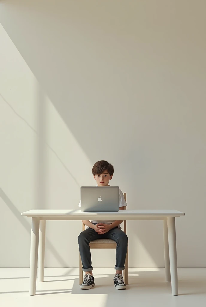 "A young, handsome boy sits upright on a simple chair with a neutral expression, facing forward. In front of him is a plain table, clean and organized. On one side of the table rests a closed laptop or computer, untouched. The boy sits still and calm, with...