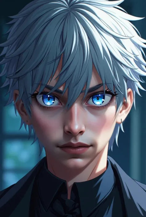 gojo satoru, handsome detailed face, beautiful detailed eyes, beautiful detailed lips, extremely detailed face, long eyelashes, messy silver hair, blue eyes, wearing white and blue uniform, solo, highly detailed, 8k, photorealistic, hyper realistic, intric...