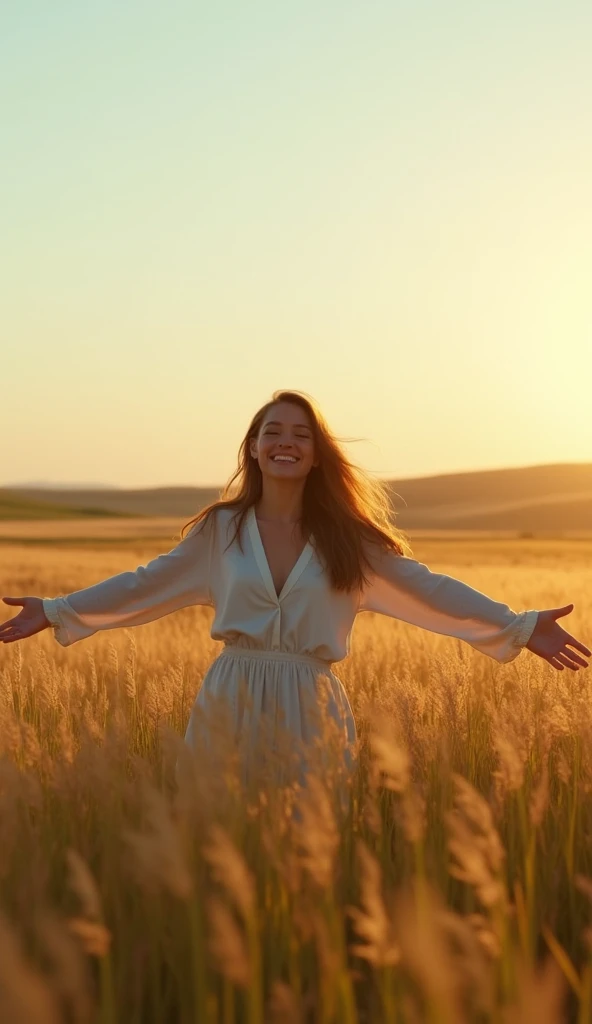 Film Style　A girl in her 20s is smiling and waiting facing the front with open arms　Amidst the vast prairie　