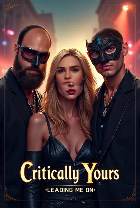 A band poster showing a band of 2 men one of them is bearded and bald and a blond woman, they all wear masks in a maskarade party the bands name is " Critically Yours", the song name is " Leading me on" 