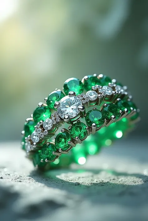 DESIGN OF  one chain diamonds and TWO SPIRAL CHAINS OF emerald THAT ARE PLACED AROUND A 