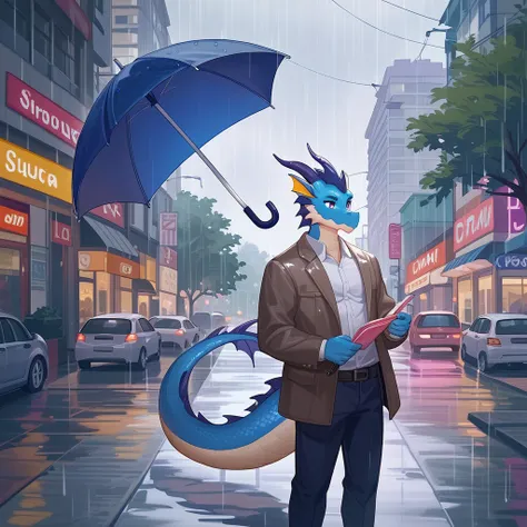 （Furry version） A man holding an umbrella in the rain 。 Western Dragon 、male、Silver flake 、 There are 2 very raised throats 、areola、Thick muscle line 、hand、 legs are all 3 dragonflies 、 with a very thick dragon tail 。background：night、 On a rainy day in the...