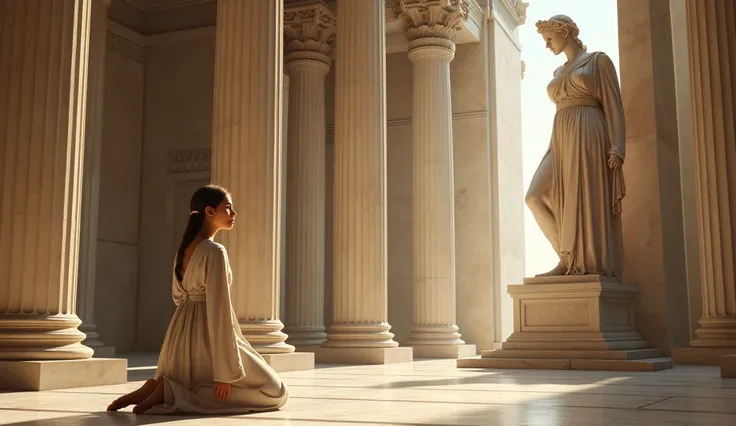 a kneeling Teenage beautiful Girl priest reflecting on Athenas Statue, On the marble Temple, Praying To Goddess Athena,  Mythology, ancient roman, ultra realistic, ultra detailed, 8k HDR,
