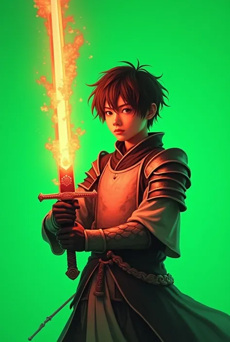 Japanese style drawing about a young knight knight holding a sword light on red fire with green screen background