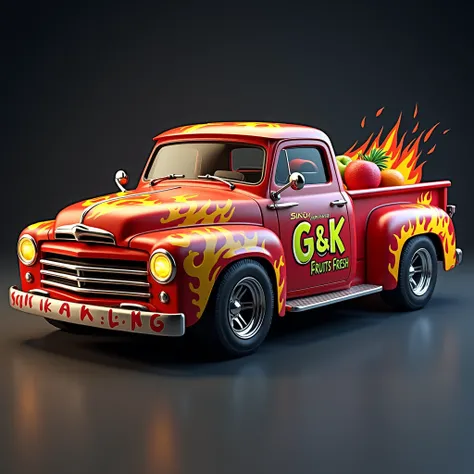 Image of modified 3D truck logo, this looks strong and stable, plus the paint shines and there is airbrushing on the back of the pick-up truck. there are several types of fruits, the flames are random colors and color combinations, there is a column of tex...