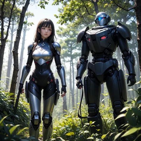 Killing teen girl wearing robot armor standing in the middle of forest