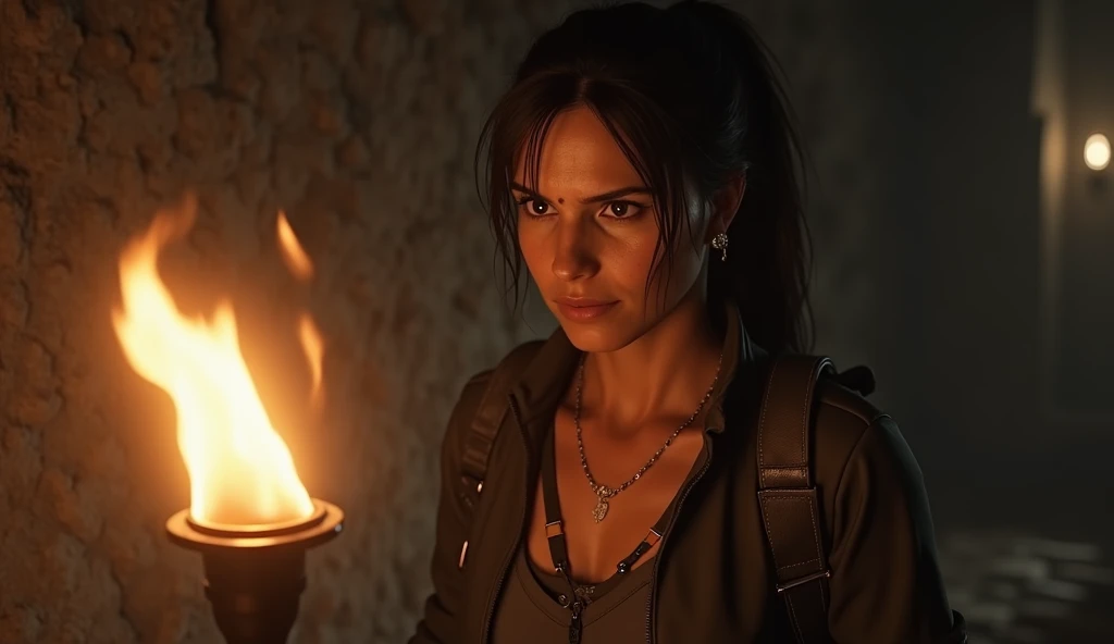 A cinematic close-up scene of Lara Croft investigating a hidden chamber – Hyperrealistic.
Lara Croft stands in the heart of a forgotten underground chamber, the intense glow of a large torch placed in the foreground casting flickering light directly onto h...