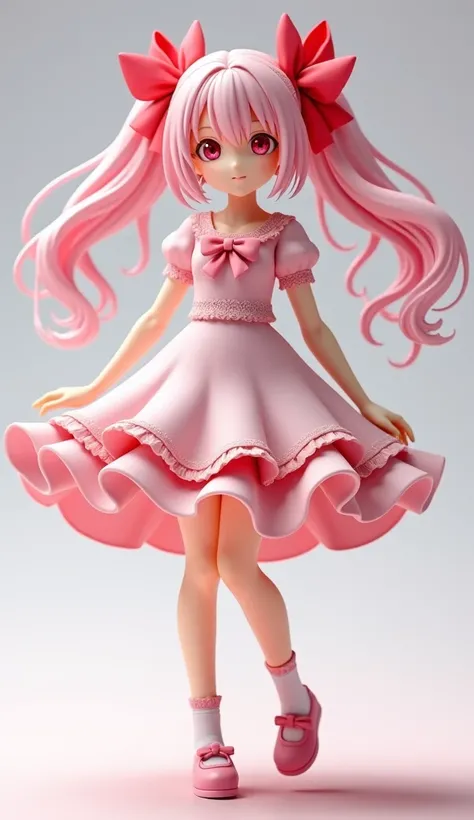 "A highly detailed PVC figure of a girl with pink twin tails tied with red ribbons. She has a soft, gentle expression, with large, bright eyes that reflect a sense of innocence. Her hair is a light pastel pink, styled in perfectly symmetrical twin tails, e...