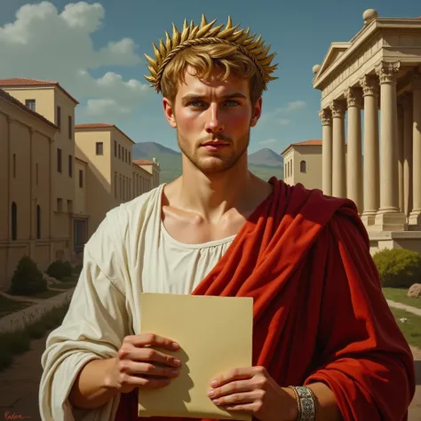 Very beautiful academic painting of a blond man, with blue eyes, holding a letter, golden laurel wreath, white and red toga, centered face, detailed face, cinema effect, image background of Roman temple with houses