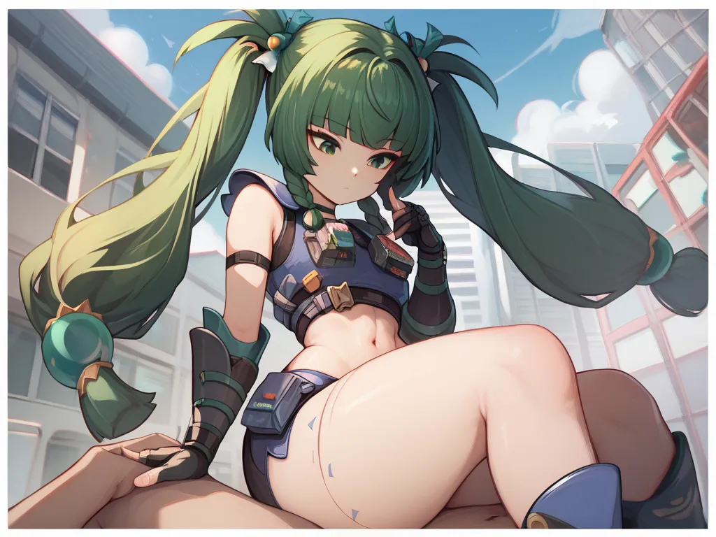 qingyi, green eyes, green hair, very long hair, twintails, blunt bangs, hair bobbles, side braids, hair ornament, robot joints, ...