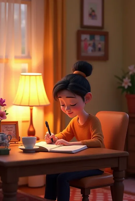 A vibrant Disney Pixar-style animated scene of a person writing in a gratitude journal at a cozy desk. The room is warmly lit with a lamp, and small elements like a steaming cup of tea, flowers, and framed family photos create an atmosphere of thankfulness...