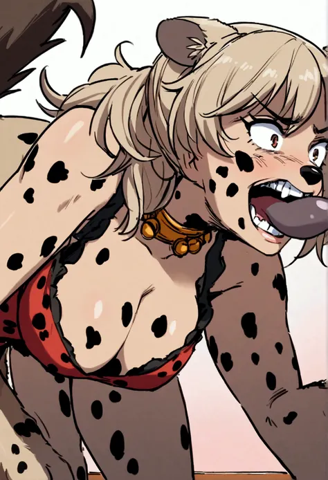 looking shocked, looking surprised, aroused expression, (Harley Quinn is getting transformed into a female hyena), digitigrade, Harley Quinn is getting transformed into a female hyena, ripped clothes, breasts, large breasts, bust, (transformation:1.2), on ...