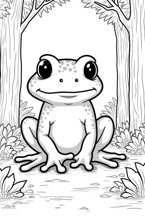 "Create a black-and-white illustration for a rens coloring book. The image should feature a baby frog in a forest setting. The baby frog and the forest background must both be in black and white, with bold, strong, and thick lines suitable for young ren to...