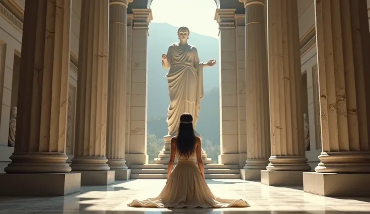 a kneeling Teenage beautiful Girl priest reflecting on Athenas Statue, On the marble Temple, Praying To Goddess Athena, Mythology, ancient roman, ultra realistic, ultra detailed, 8k HDR,
